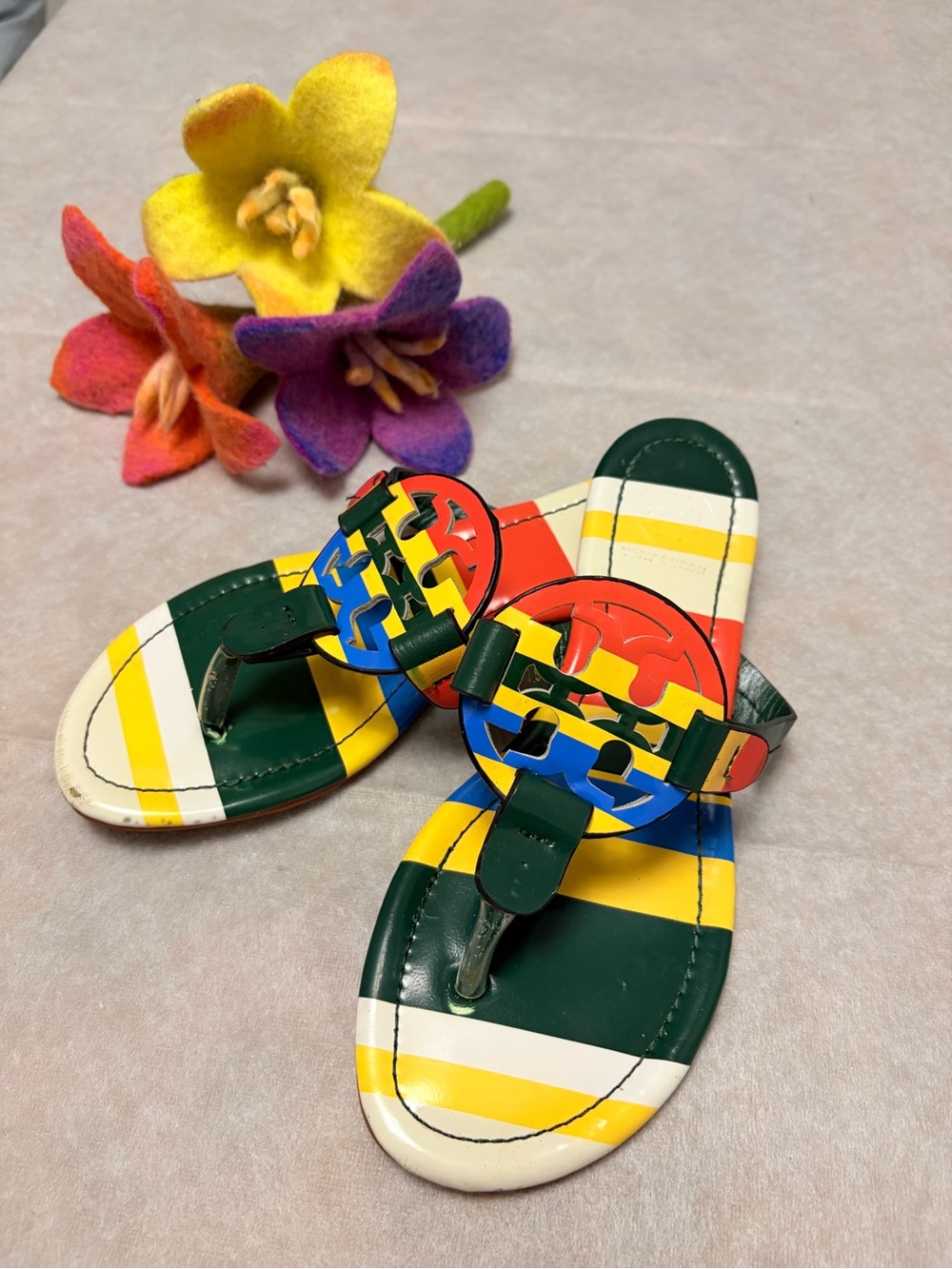 Tory Burch Multicolor Striped Logo Thong Sandals - Green/Yellow/Blue/Red/White